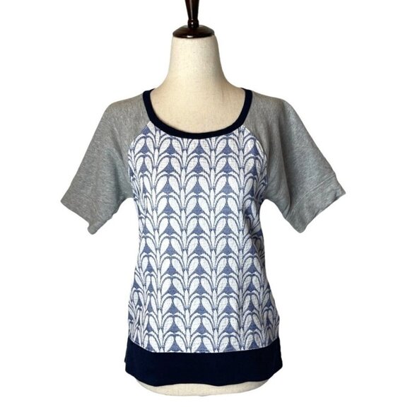 J Crew Blue And Gray Embroidered Panel Short Cuffed Sleeve Sweatshirt Top XS - Picture 2 of 11